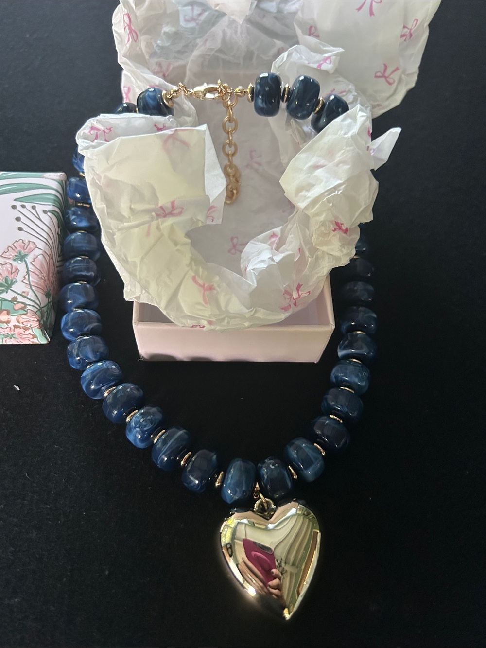 Blue Beaded Necklace with Gold Heart Pendant - Women Jewelry